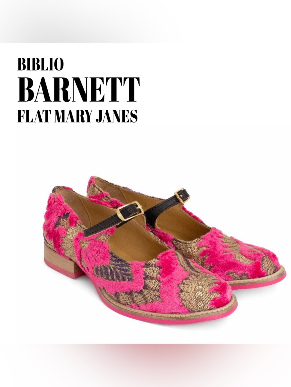 John Fluevog Hot Pink and Gold Brocade Mary Jane Flats